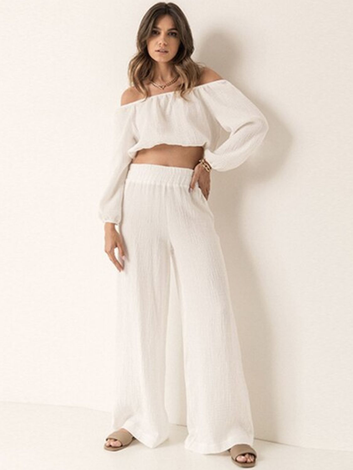 Buy white Off Shoulder Long Sleeve Top and Pants Set