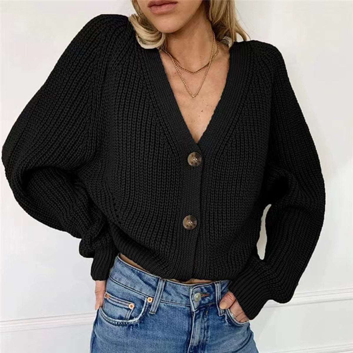 Buy black Button Up V-Neck Long Sleeve Cardigan