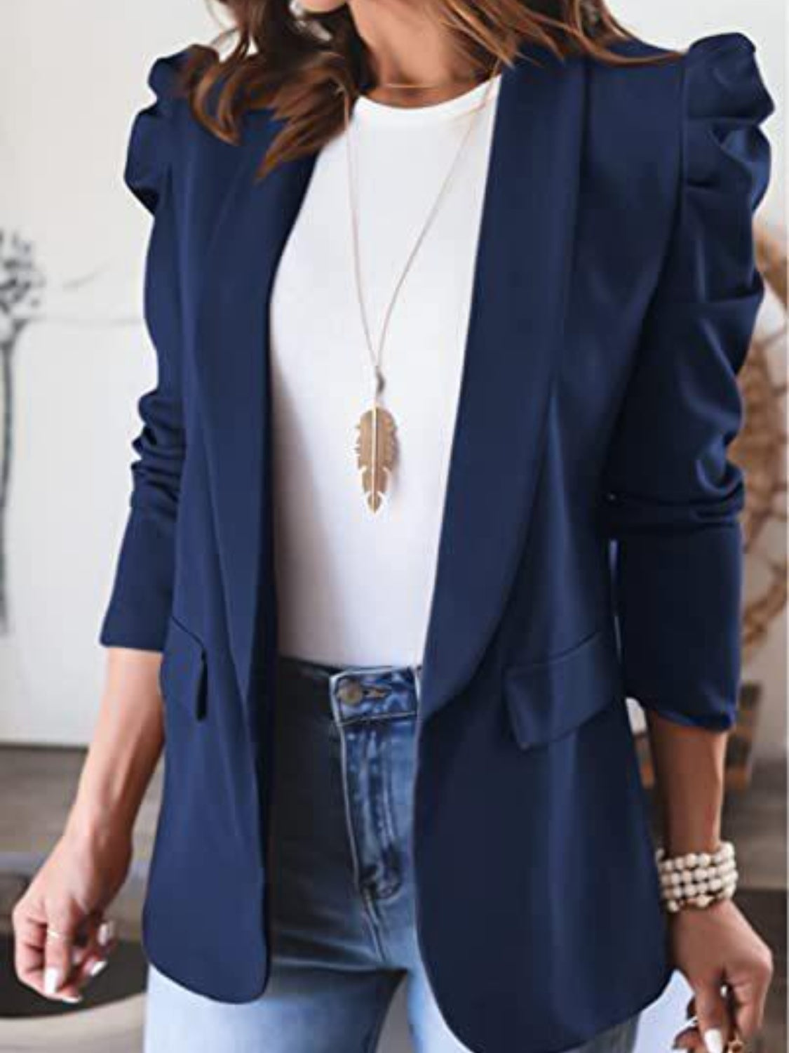 Buy dark-blue Collared Neck Puff Sleeve Blazer