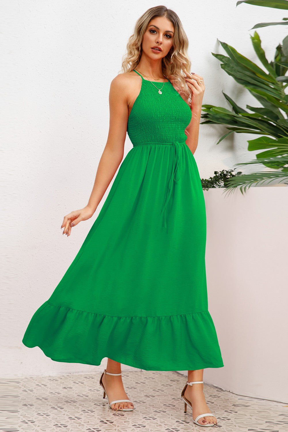 Buy green Smocked Crisscross Spaghetti Strap Dress