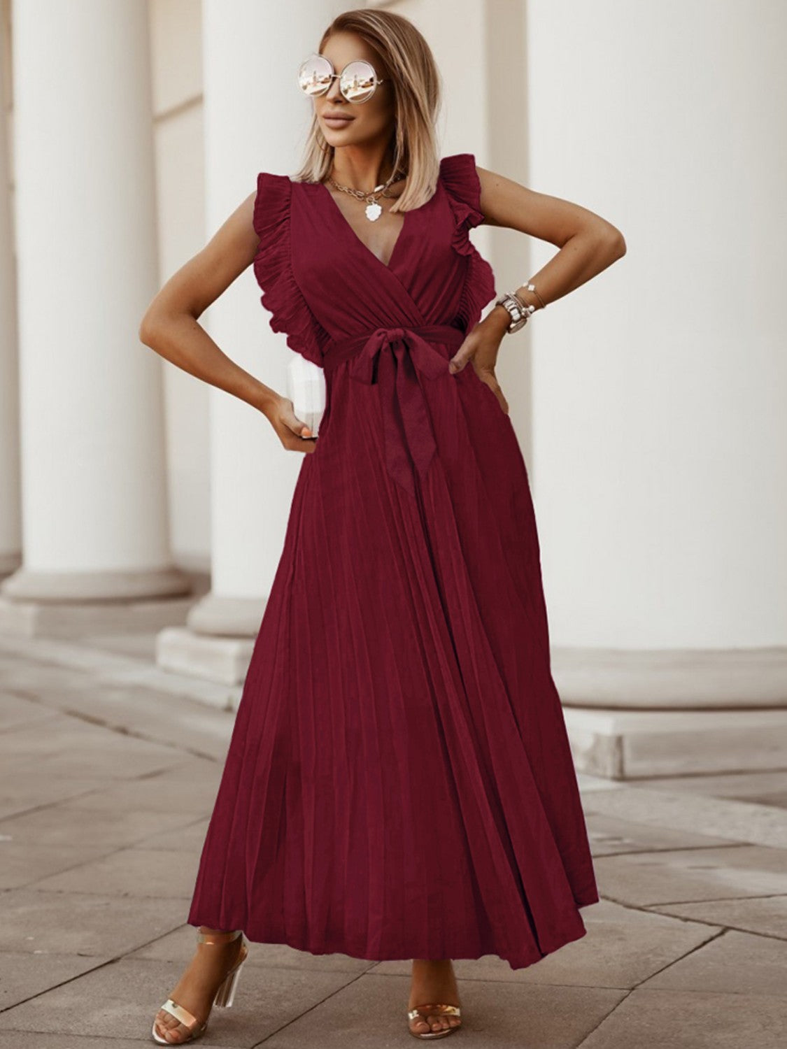 Buy burgundy Tied Surplice Cap Sleeve Pleated Dress