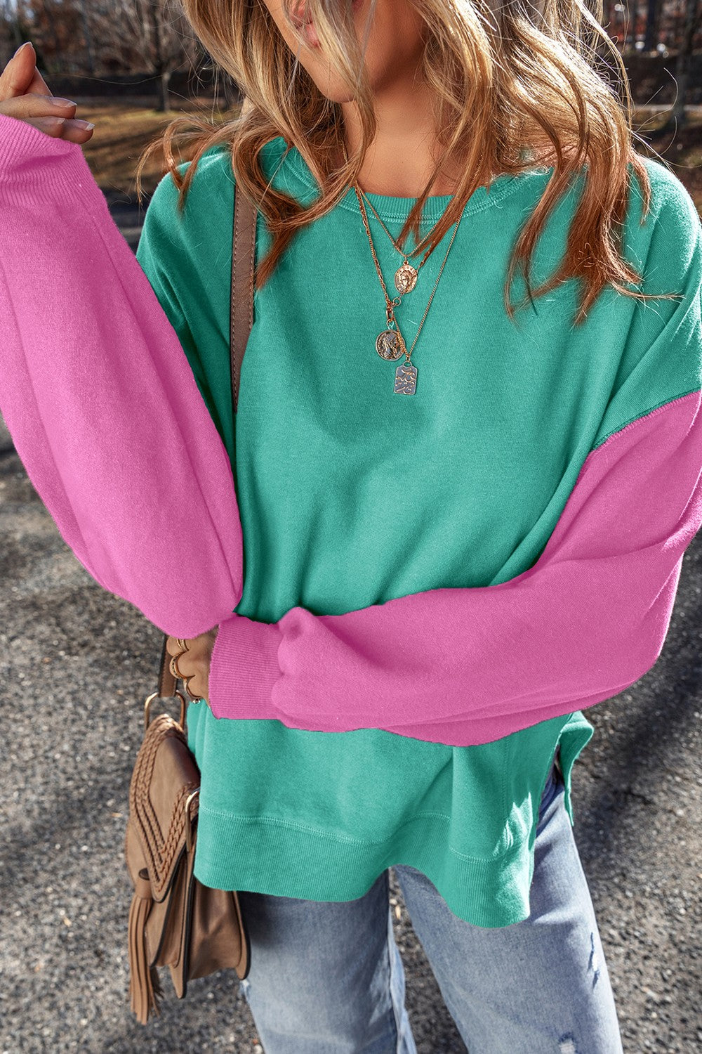 Buy turquoise Contrast Round Neck Long Sleeve Sweatshirt