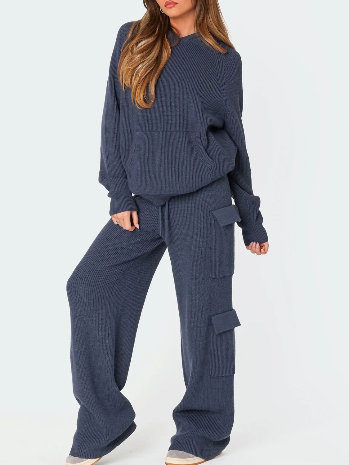 Buy dark-navy Long Sleeve Hooded Top and Pants Sweater Set