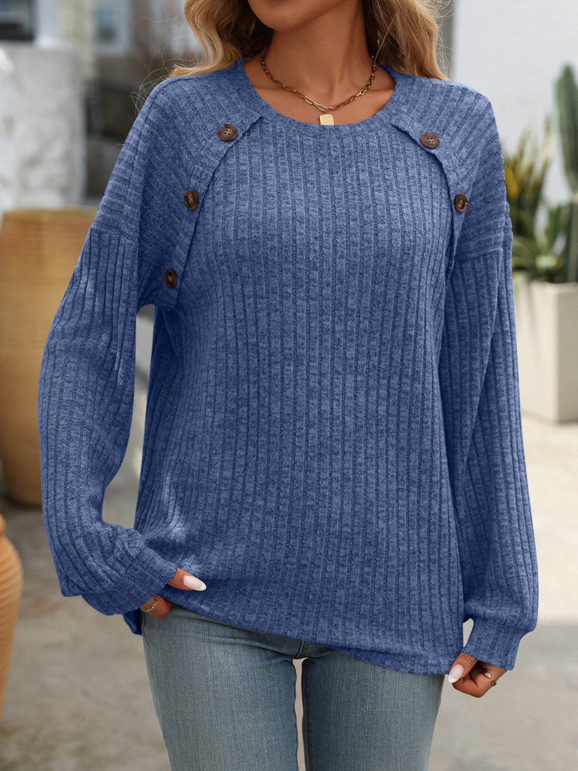 Buy dusty-blue Mandy Decor Button Long Sleeve Ribbed T-Shirt