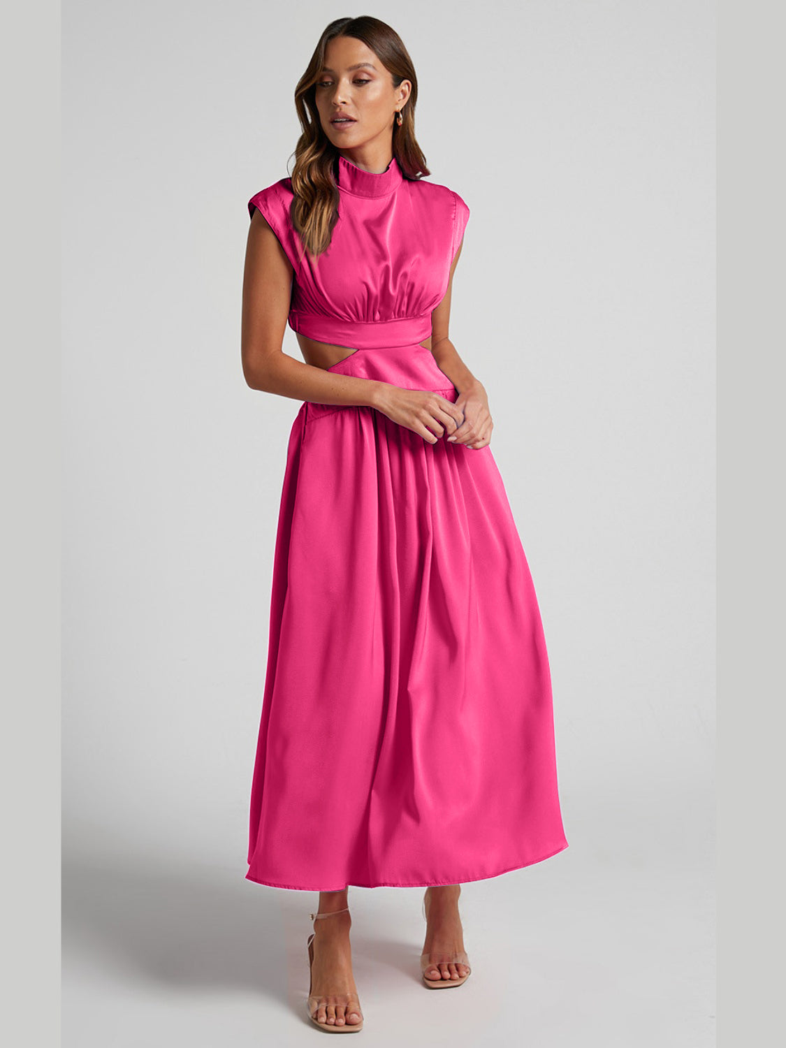 Buy hot-pink Cutout Mock Neck Sleeveless Ruched Dress