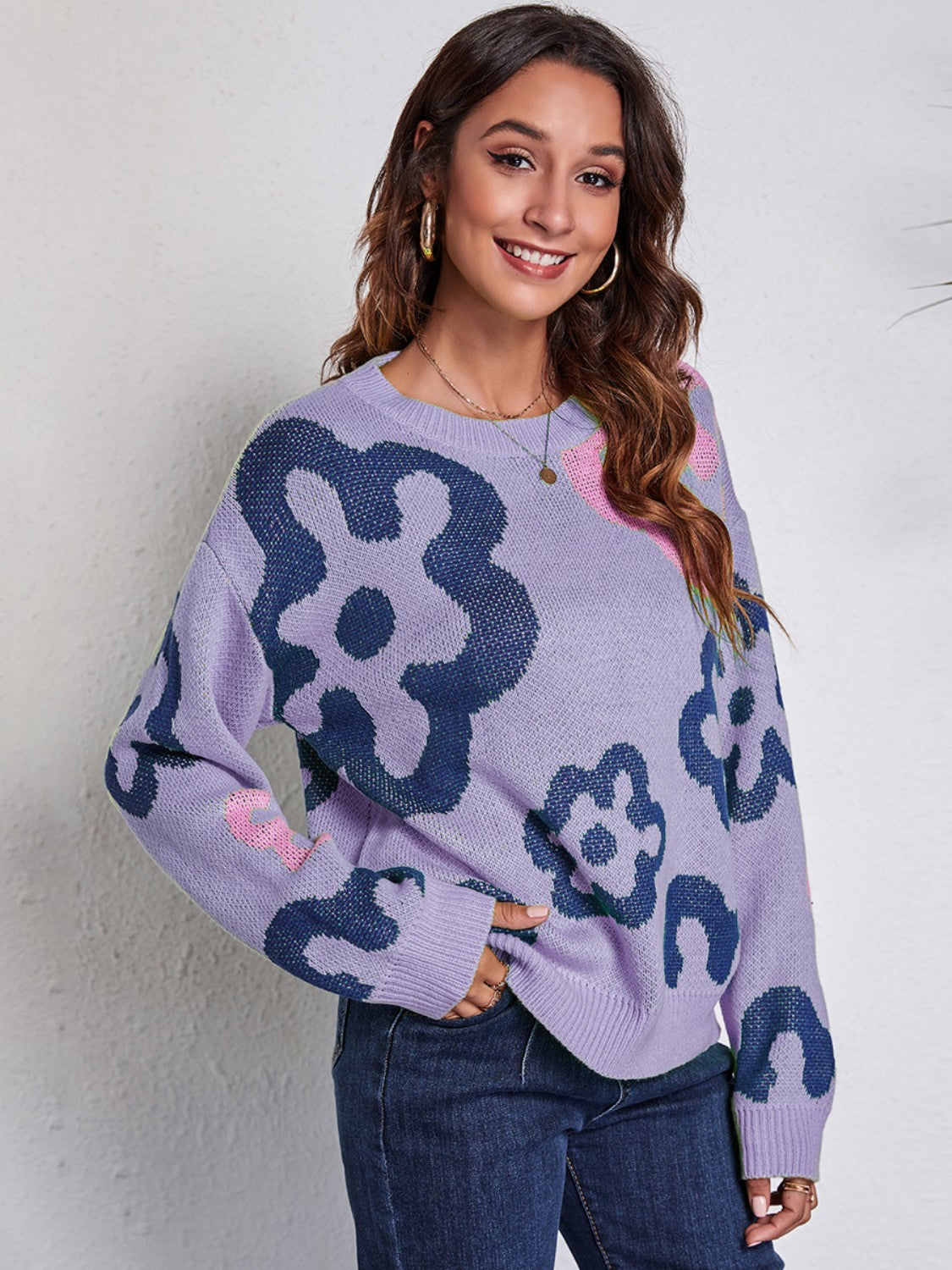 Buy lavender Flower Pattern Round Neck Long Sleeve Sweater