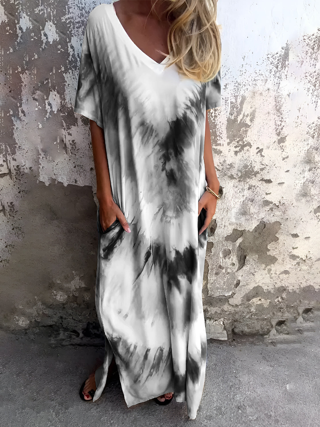 Buy dark-gray Full Size Pocketed Tie-Dye Short Sleeve Dress