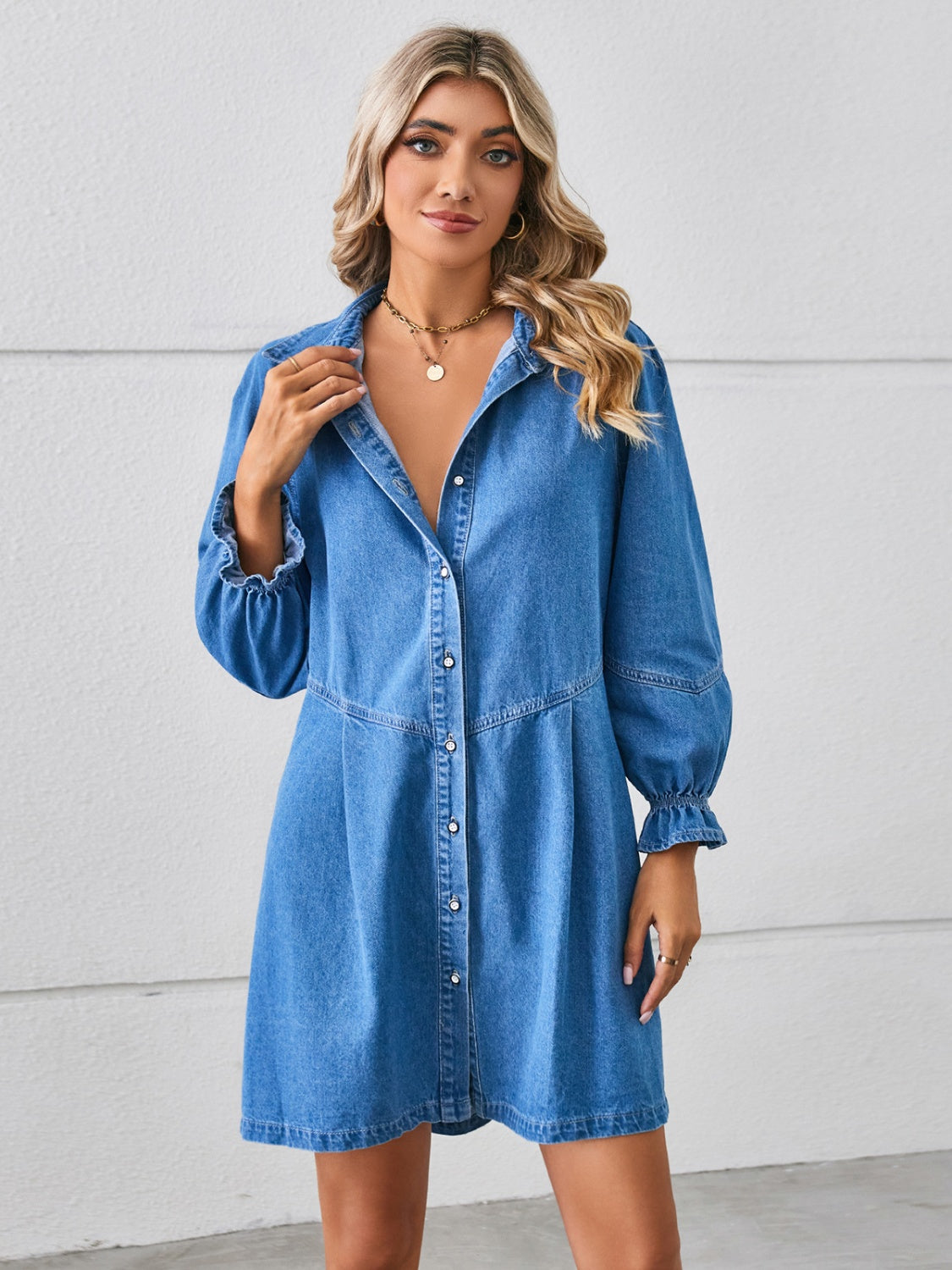 Buy dusty-blue Button Up Flounce Sleeve Mini Denim Dress