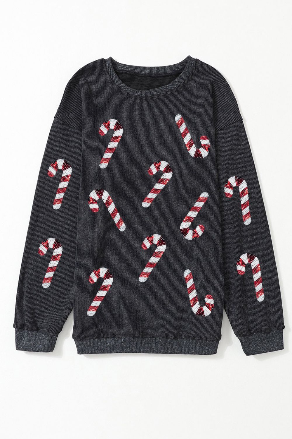 Buy black Sequin Candy Cane Round Neck Sweatshirt