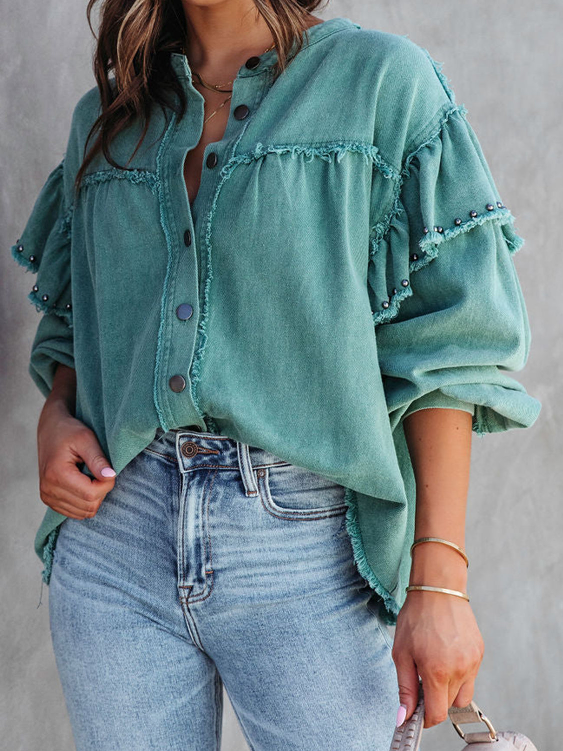 Buy turquoise Button Down Raw Hem Denim Jacket