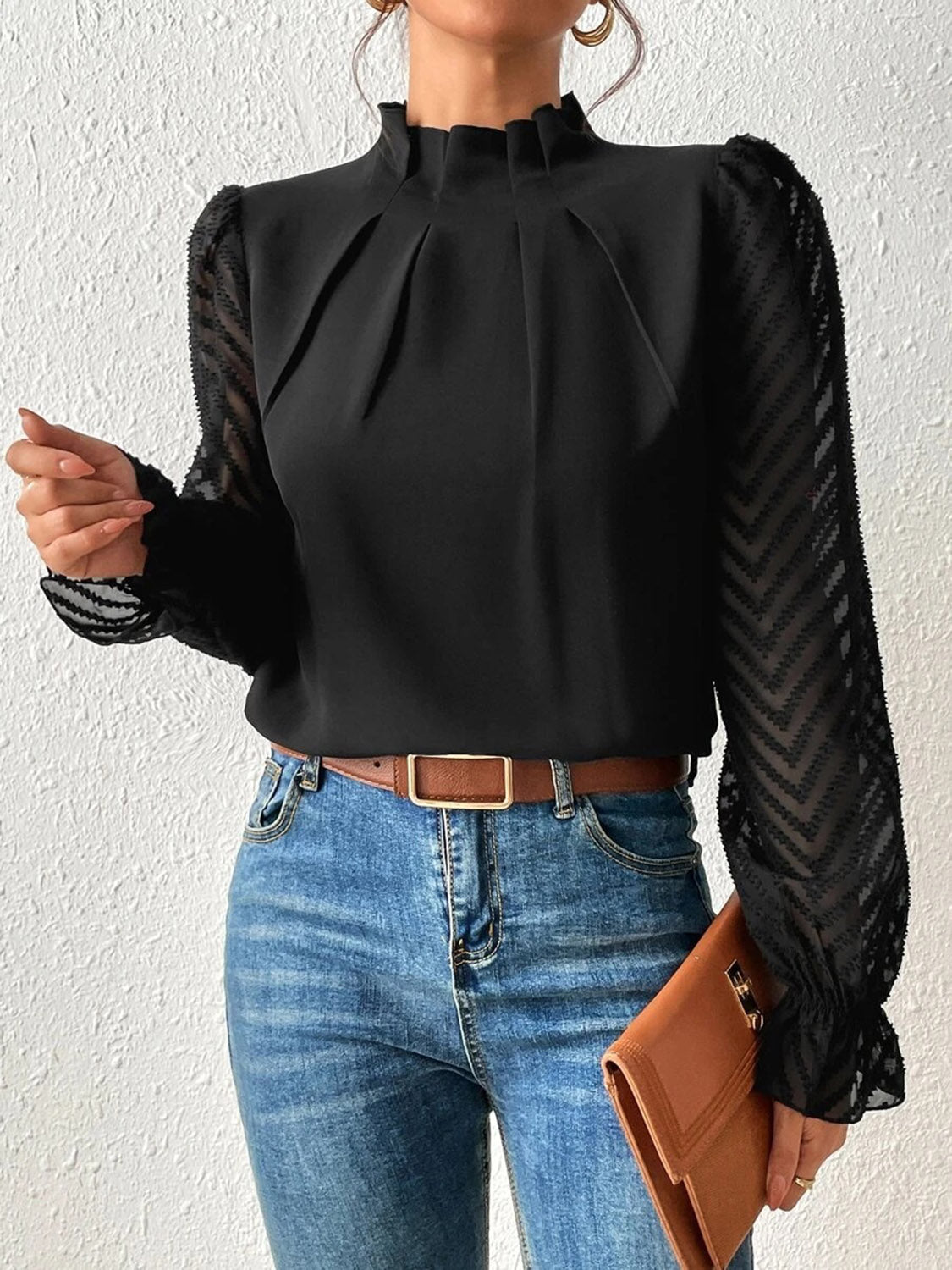 Buy black Mock Neck Flounce Sleeve Blouse