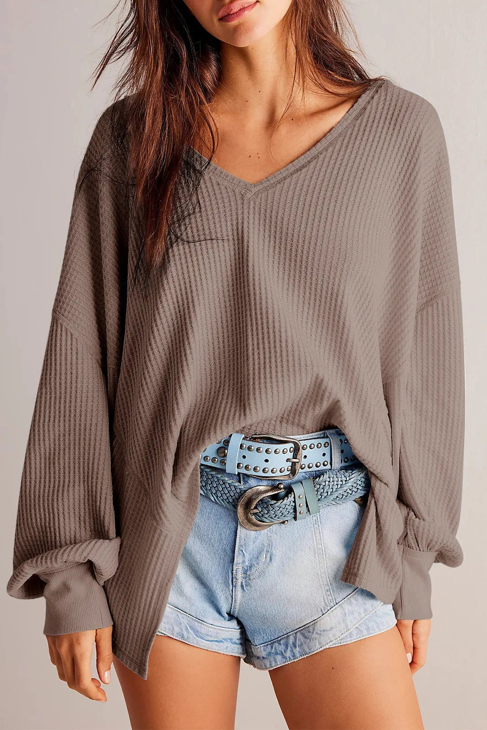 Buy mocha Waffle-Knit V-Neck Long Sleeve Top