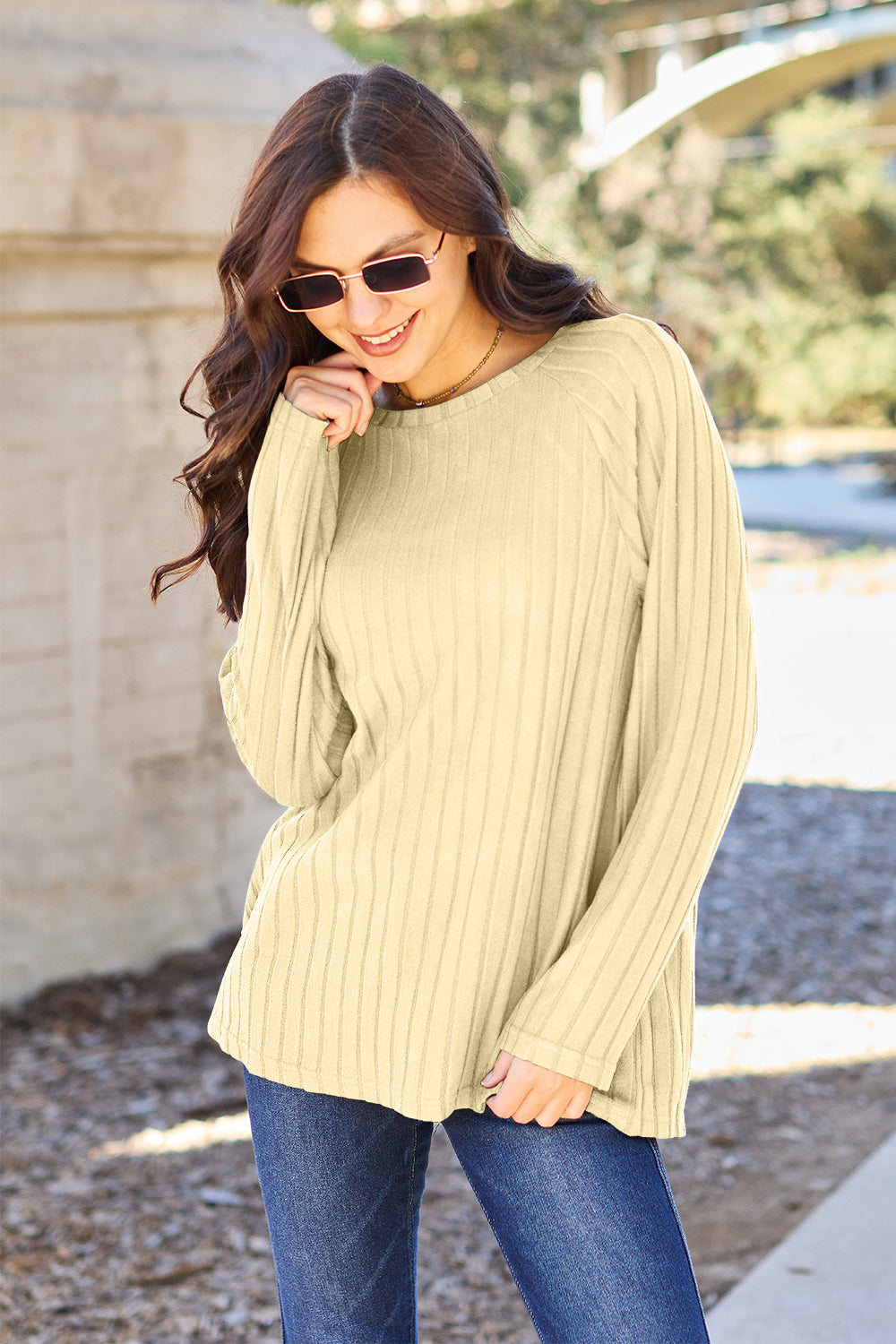 Buy light-yellow Basic Bae Full Size Ribbed Round Neck Long Sleeve Knit Top