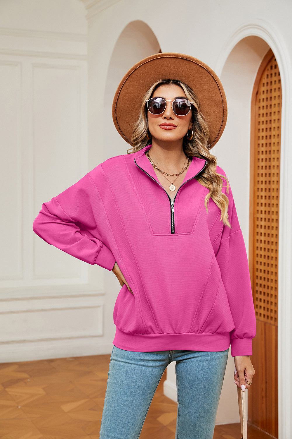 Buy hot-pink Half-Zip Dropped Shoulder Sweatshirt