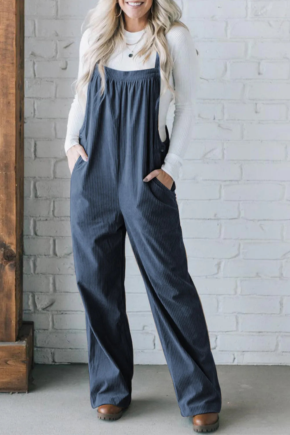 Buy peacock-blue Square Neck Wide Strap Overalls