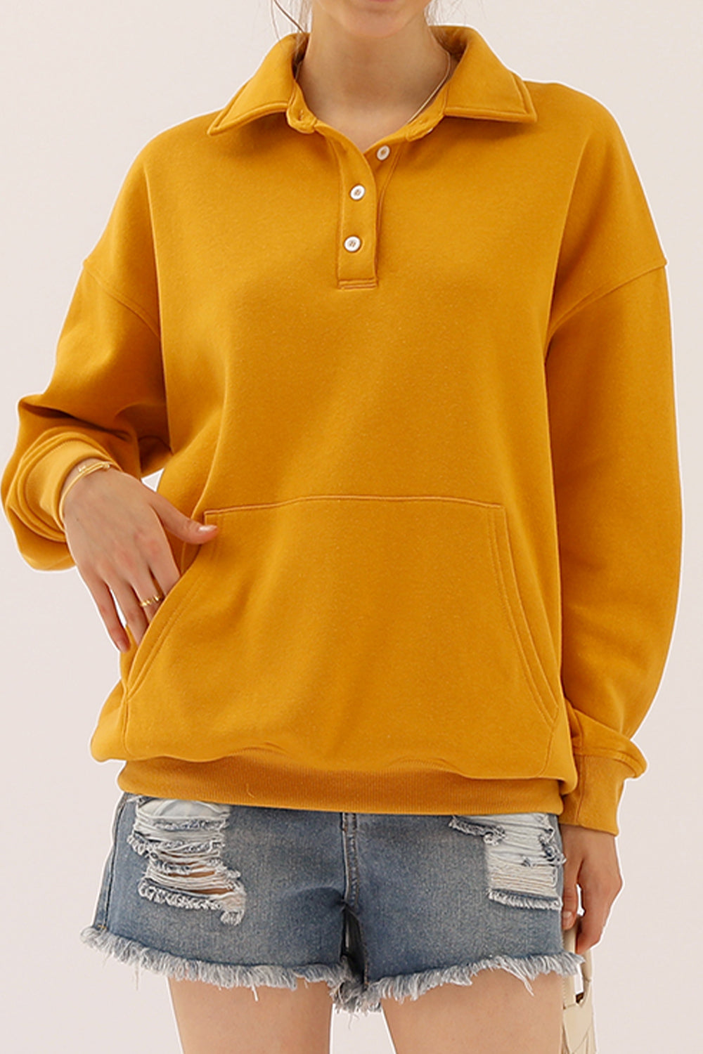 Buy honey Ninexis Full Size Quarter-Button Collared Sweatshirt