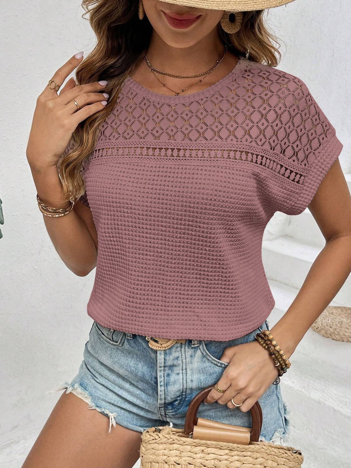 Buy dusty-pink Waffle-Knit Round Neck Short Sleeve Top