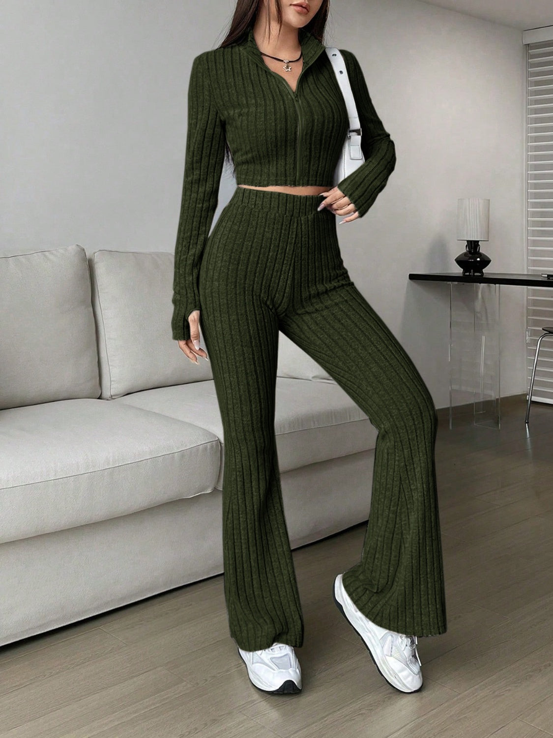 Buy army-green Honey Zip Up Long Sleeve Top and Pants Set