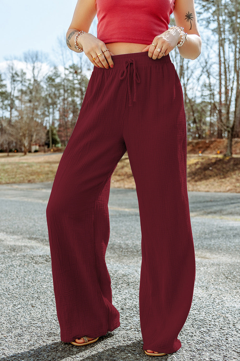 Buy wine Texture Tied Wide Leg Pants