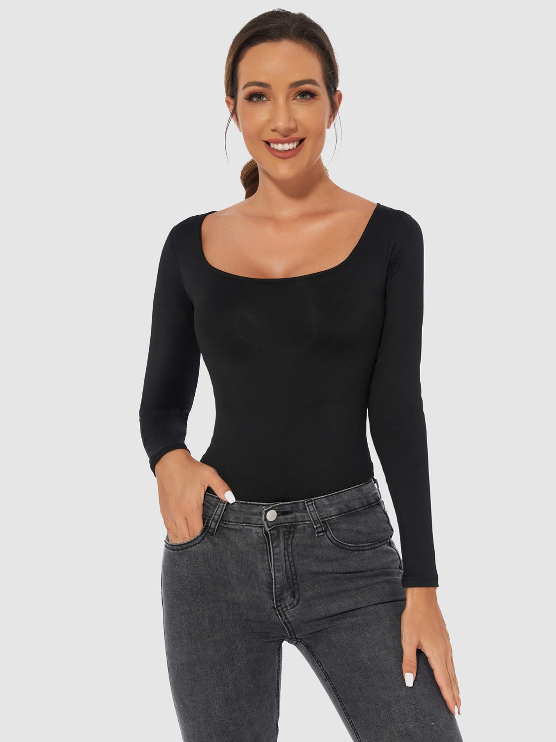 Buy black Full Size Scoop Neck Long Sleeve Bodysuit