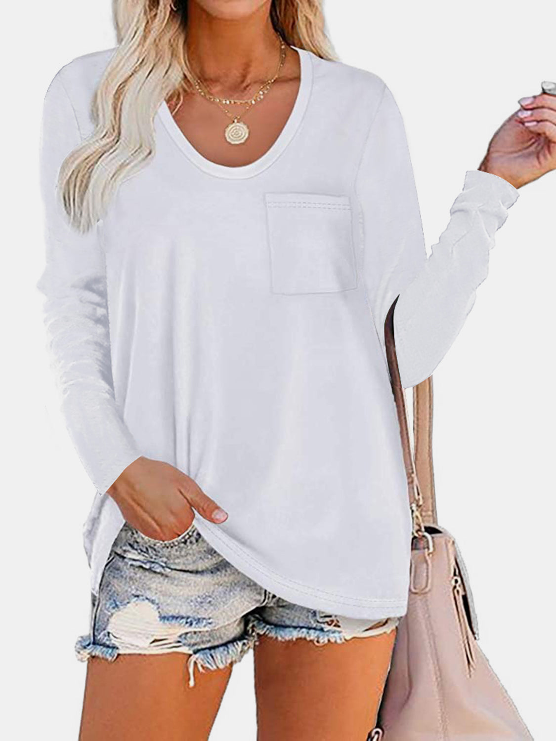 Buy white Round Neck Long Sleeve T-Shirt