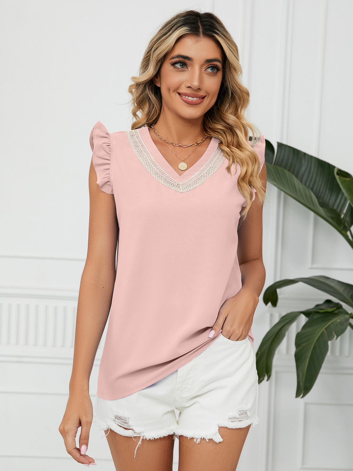 Buy blush-pink Ruffled V-Neck Cap Sleeve Blouse