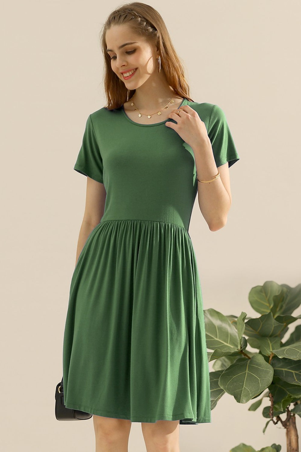 Buy olive Ninexis Full Size Round Neck Ruched Dress with Pockets