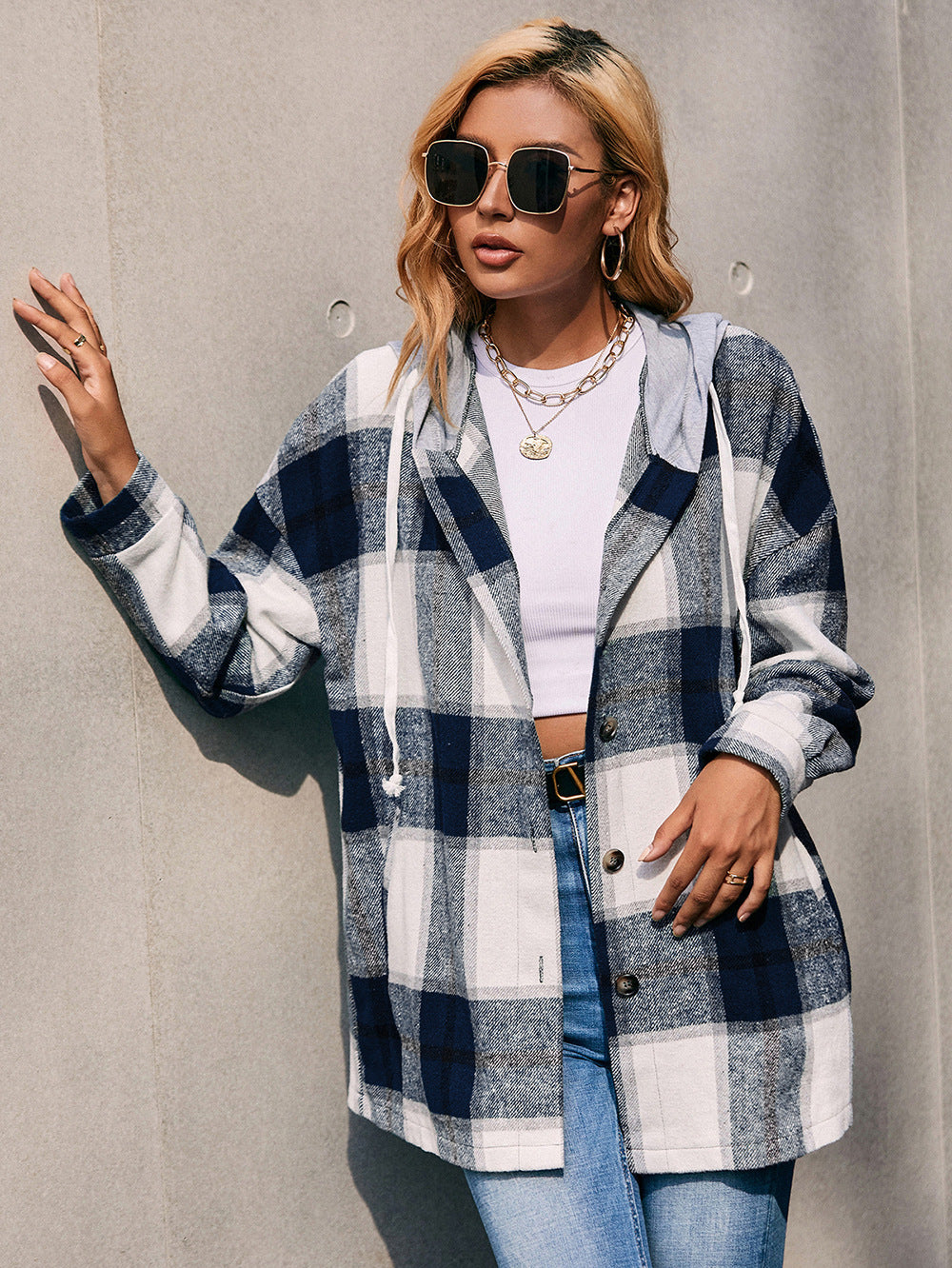 Buy dark-blue Ivy Lane Plaid Dropped Shoulder Hooded Jacket