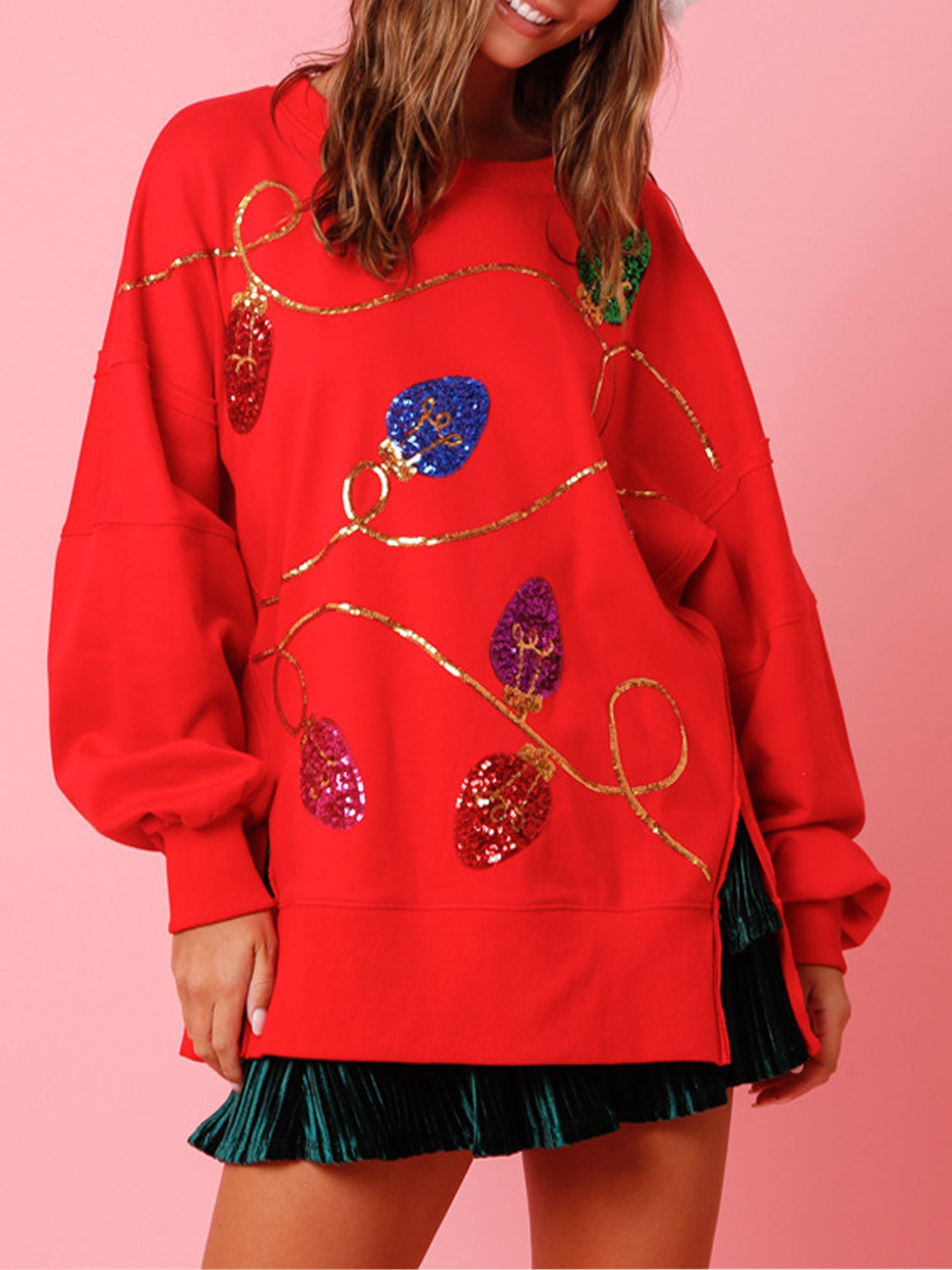 Buy deep-red Slit Sequin Round Neck Sweatshirt