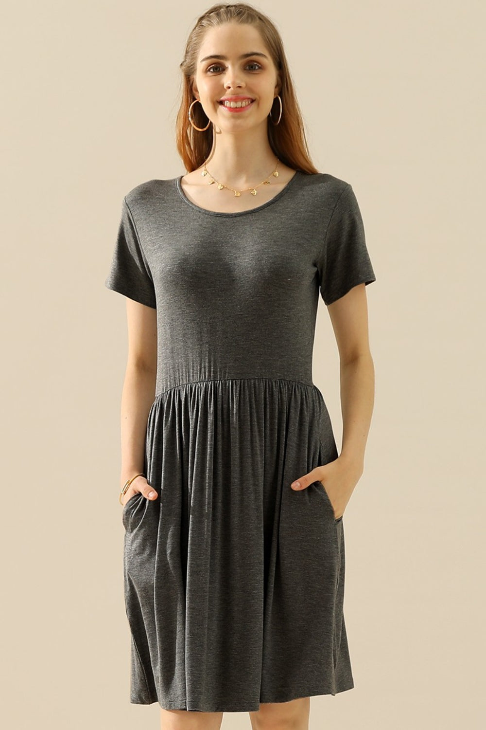 Buy h-charcoal Ninexis Full Size Round Neck Ruched Dress with Pockets