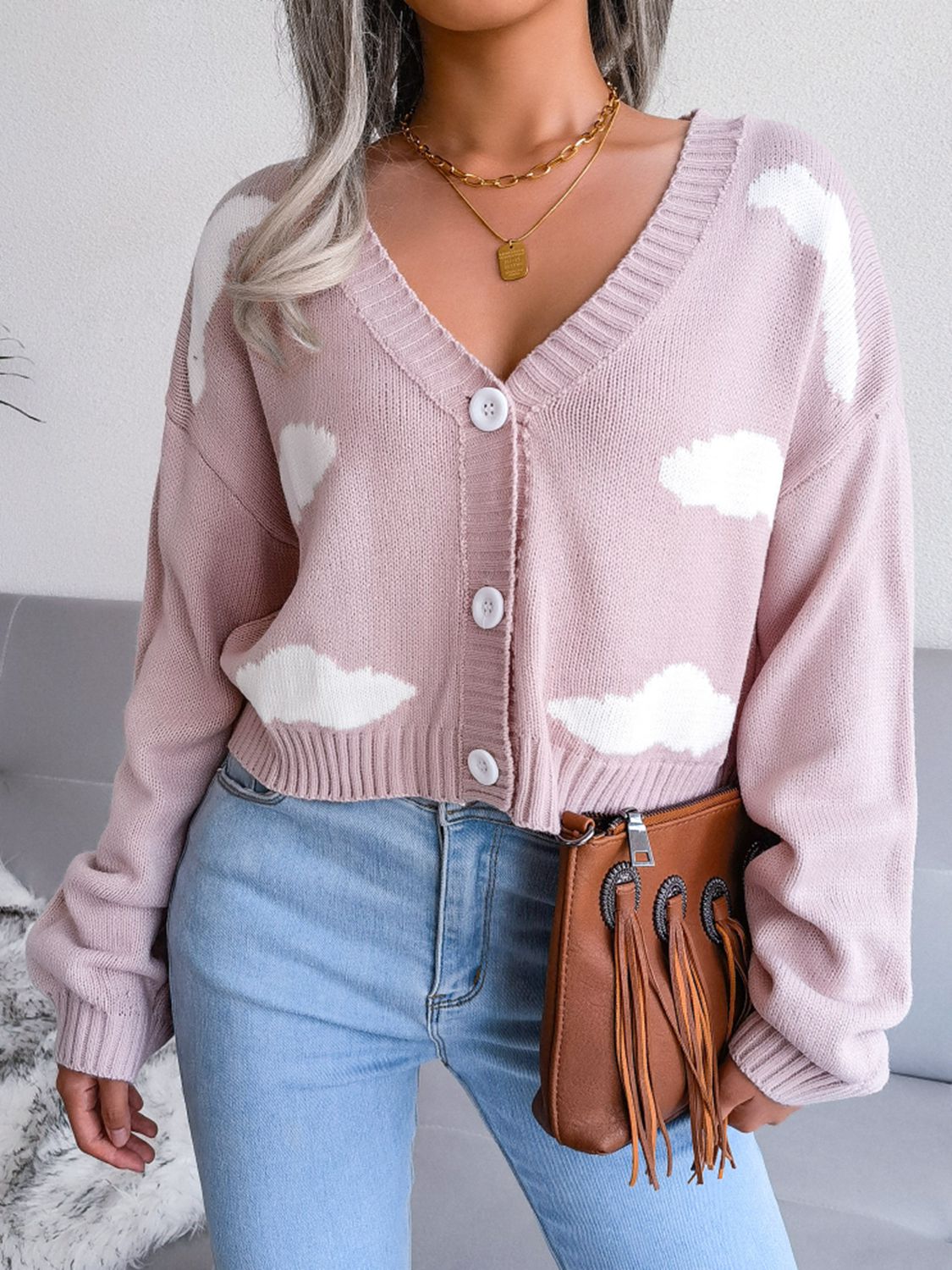 Cloud Print Button Down Ribbed Trim Cardigan