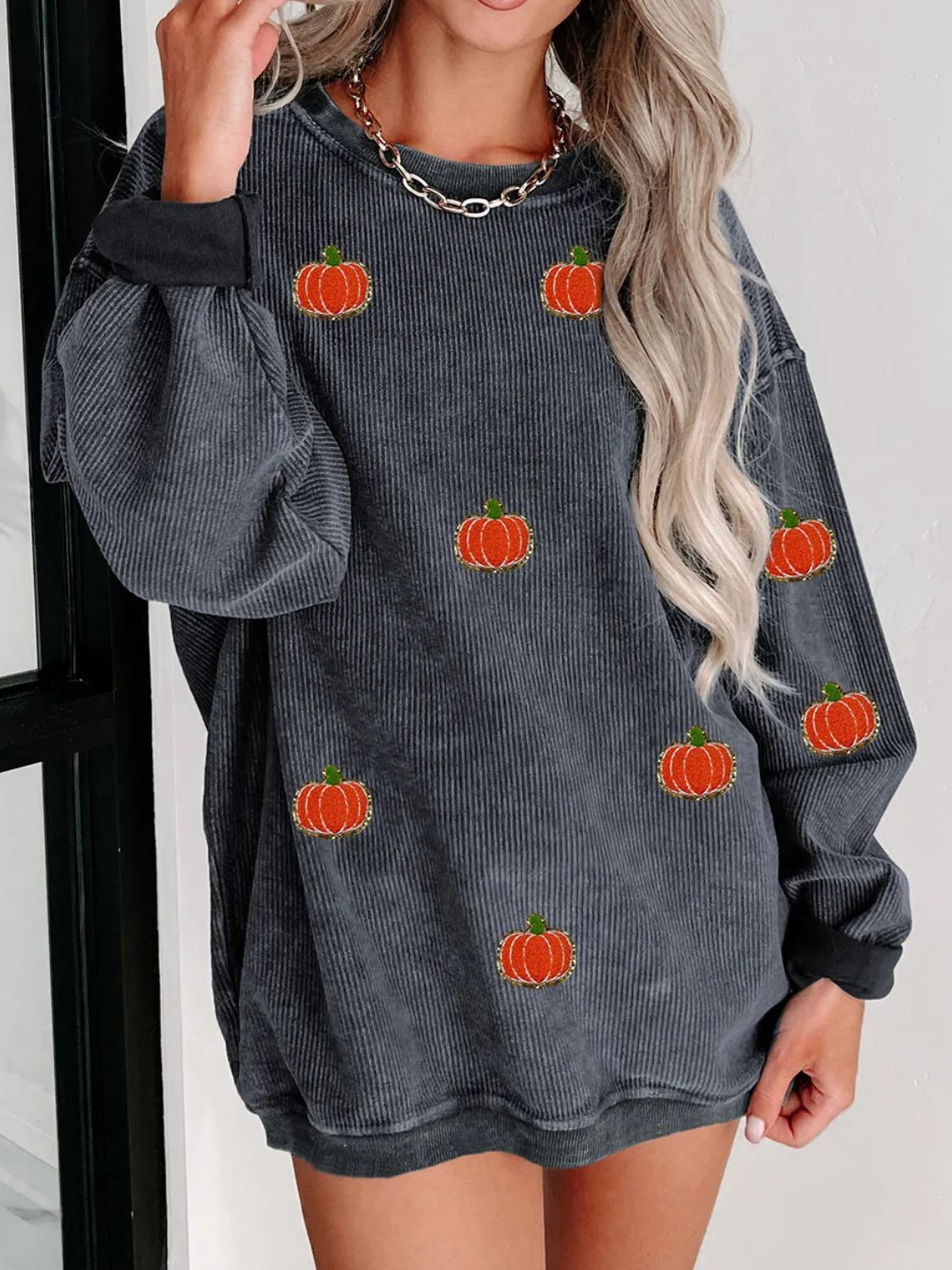 Buy dark-gray Pumpkin Round Neck Long Sleeve Sweatshirt