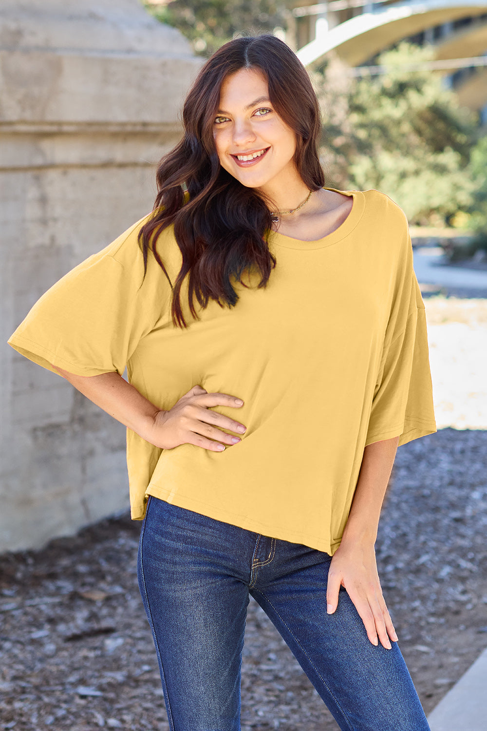 Buy yellow Basic Bae Bamboo Full Size Round Neck Drop Shoulder T-Shirt