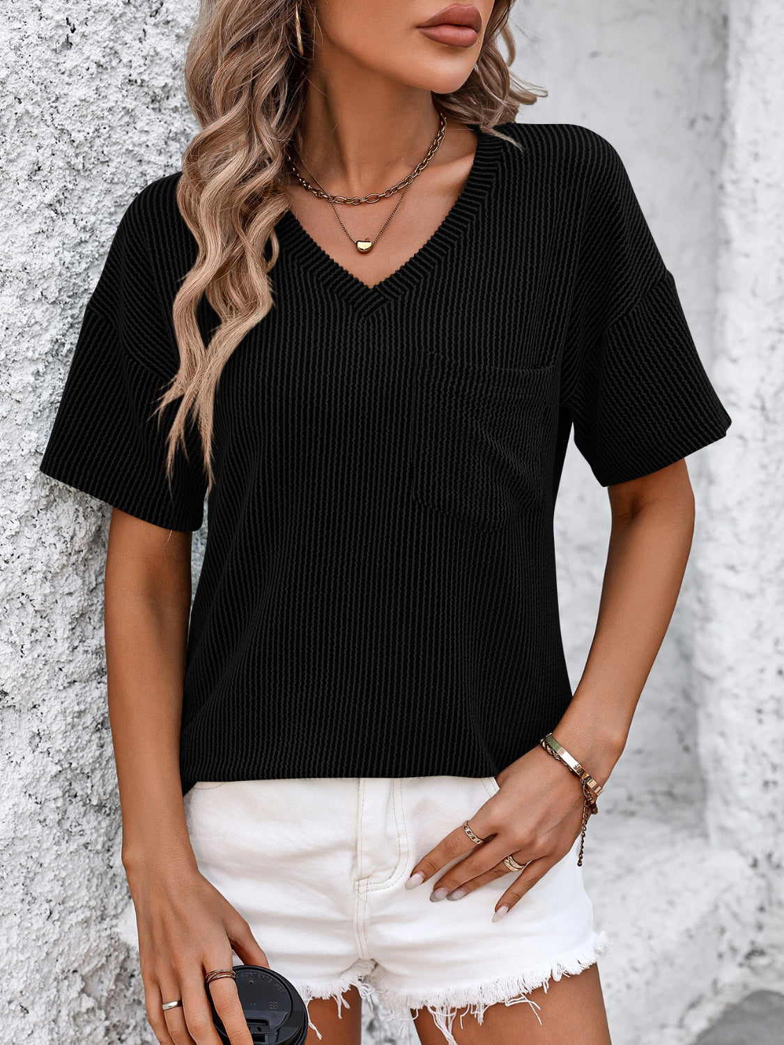 Buy black Mandy V-Neck Dropped Shoulder T-Shirt