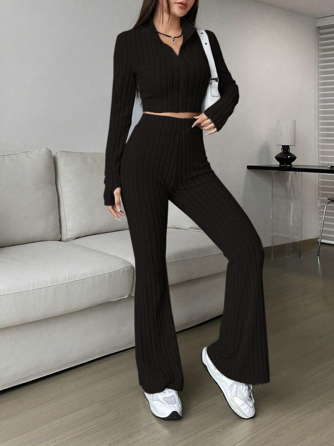 Buy black Honey Zip Up Long Sleeve Top and Pants Set