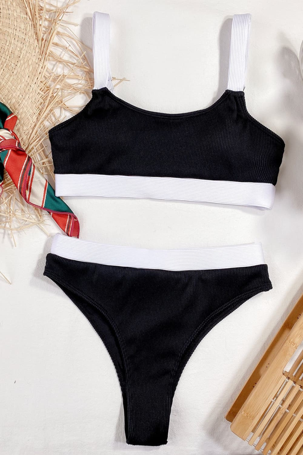 Buy black Color Block Scoop Neck Bikini Set