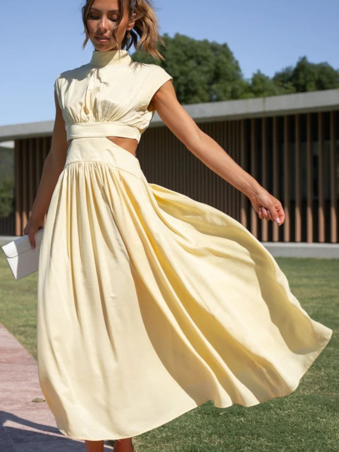 Buy light-yellow Cutout Mock Neck Sleeveless Ruched Dress