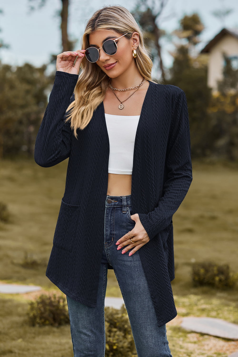 Buy dark-blue Cable-Knit Long Sleeve Cardigan with Pocket