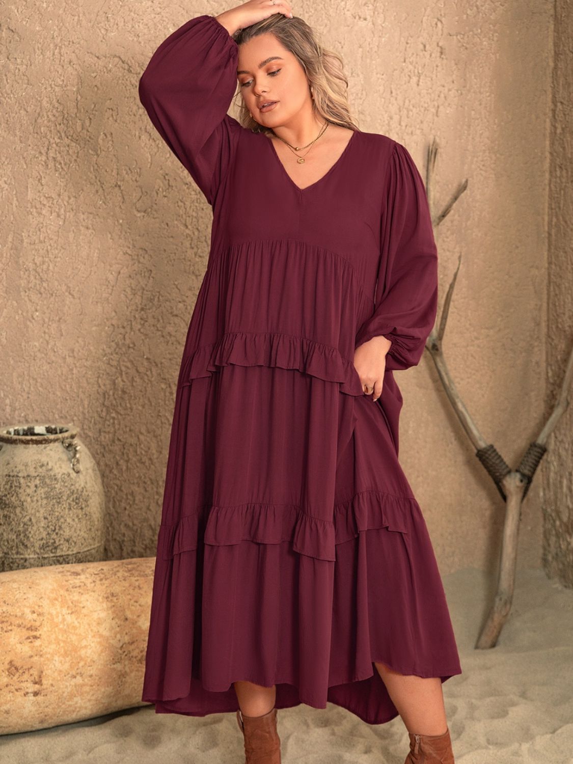 Buy burgundy Plus Size Ruffled V-Neck Long Sleeve Dress