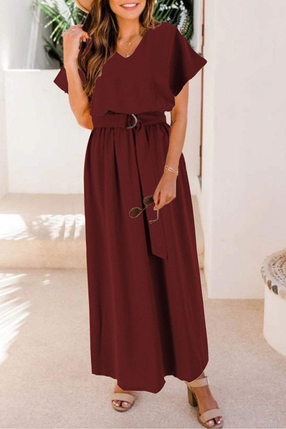 Buy burgundy Ruched V-Neck Cap Sleeve Dress