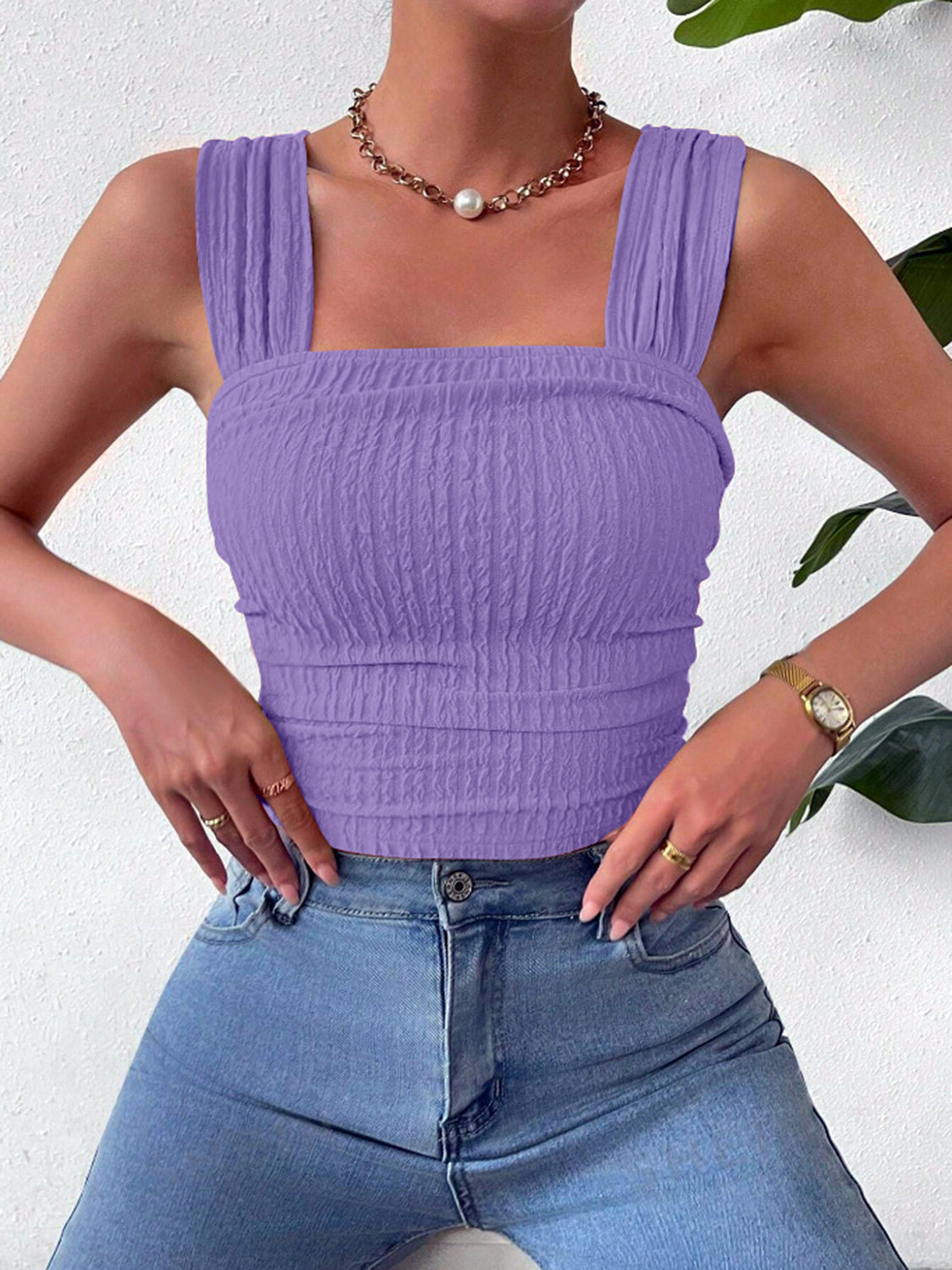 Buy lavender Textured Square Neck Wide Strap Tank