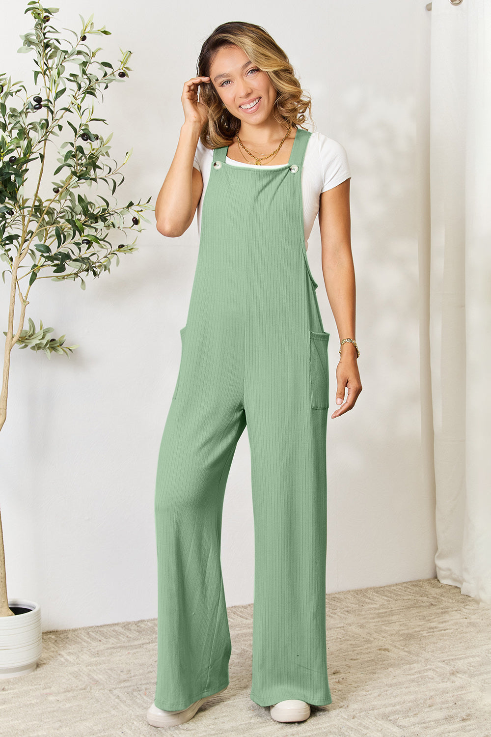 Buy gum-leaf Double Take Full Size Wide Strap Overall with Pockets