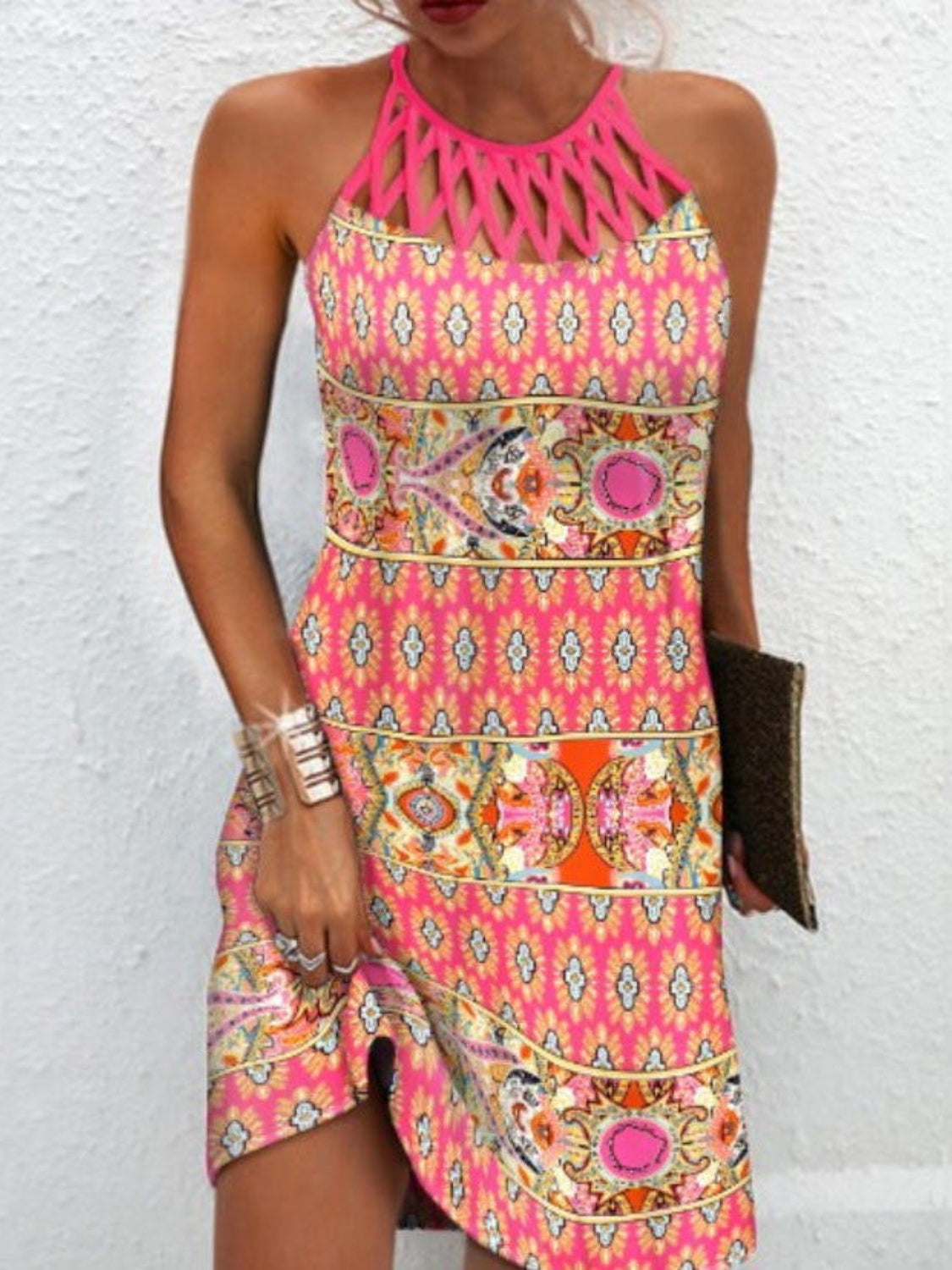 Buy hot-pink Printed Grecian Neck Mini Dress