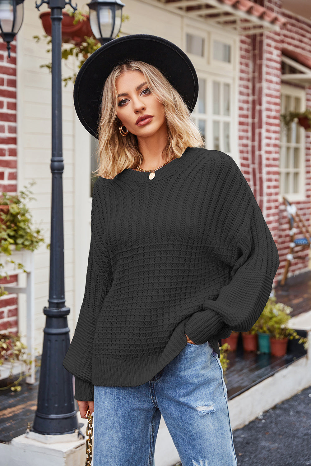 Buy black Ribbed Drop Shoulder Lantern Sleeve Sweater