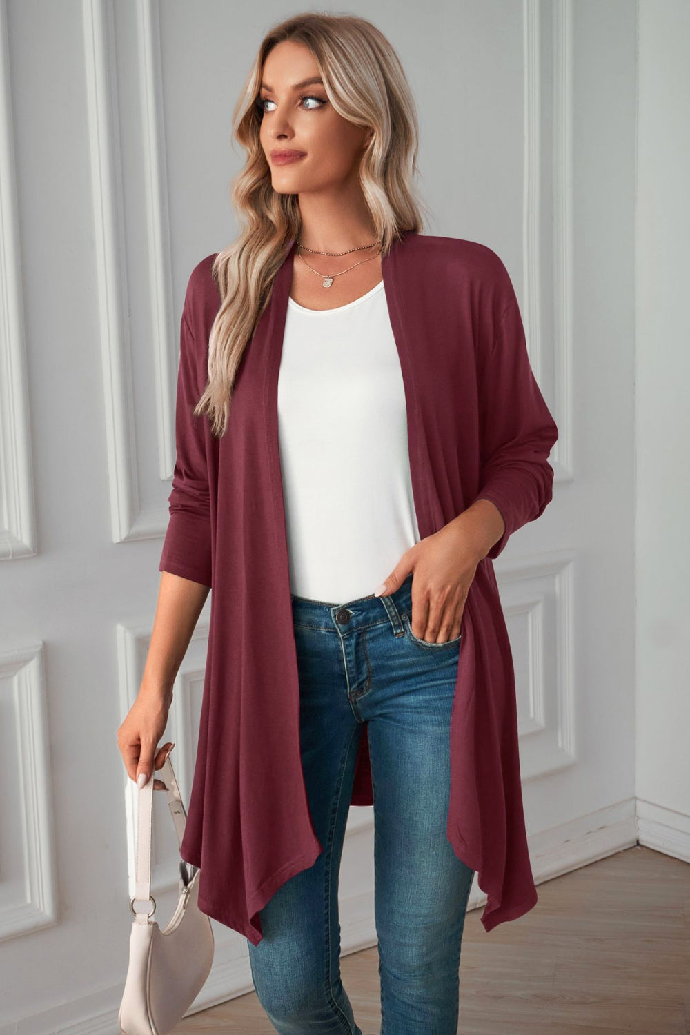 Buy burgundy Open Front Long Sleeve Cardigan