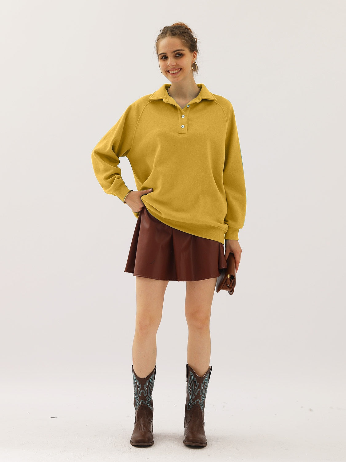 Buy banana-yellow Ninexis Full Size Quarter-Button Collared Sweatshirt