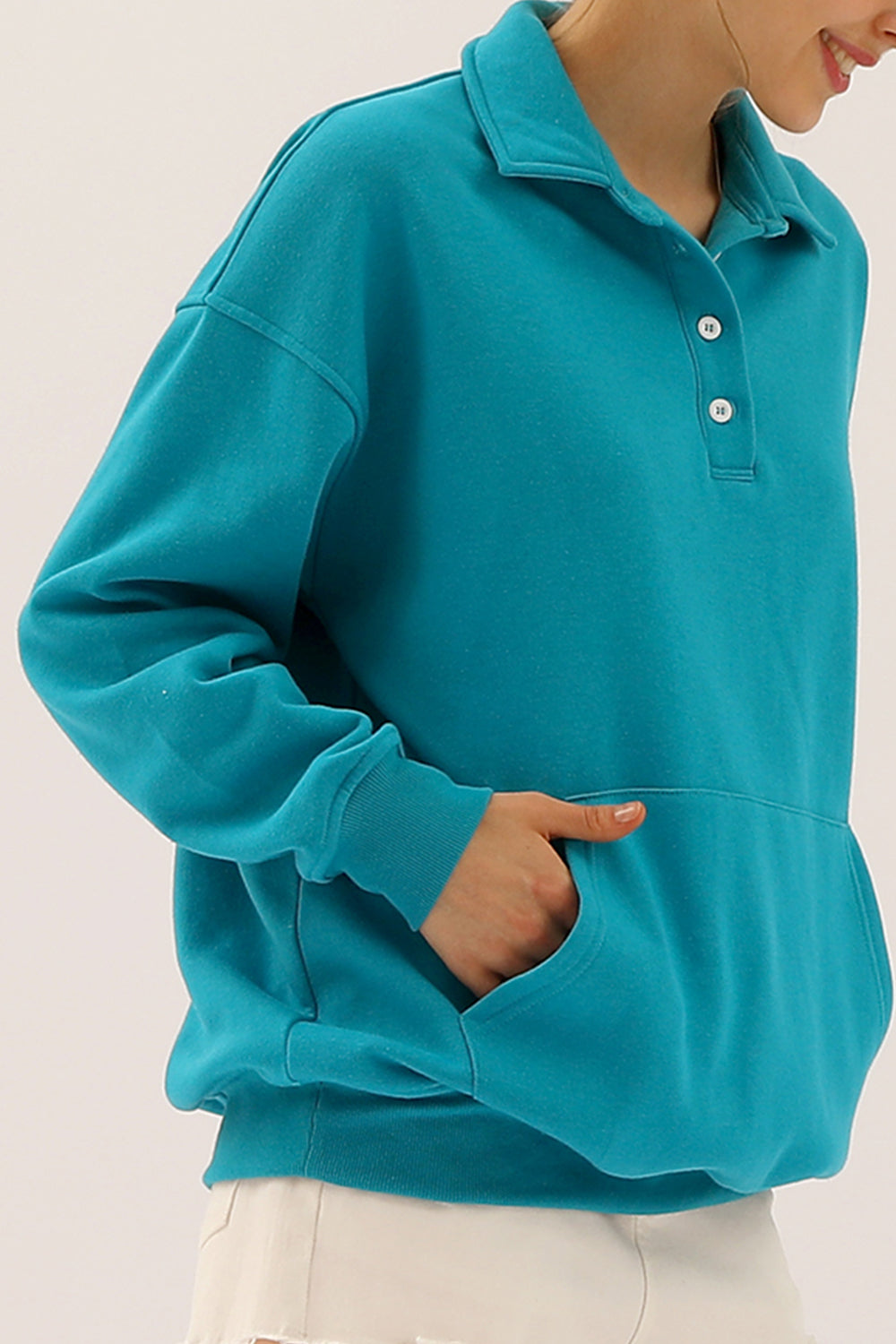 Buy teal Ninexis Full Size Quarter-Button Collared Sweatshirt