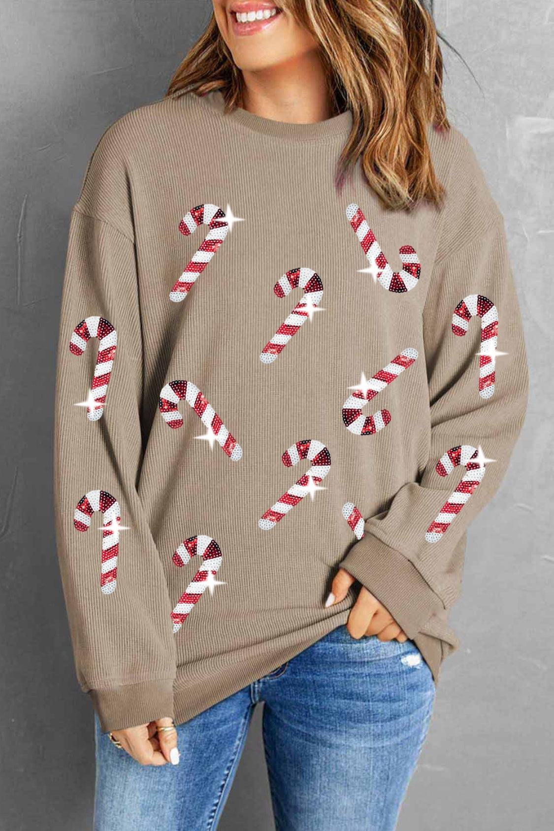 Buy camel Sequin Candy Cane Round Neck Sweatshirt