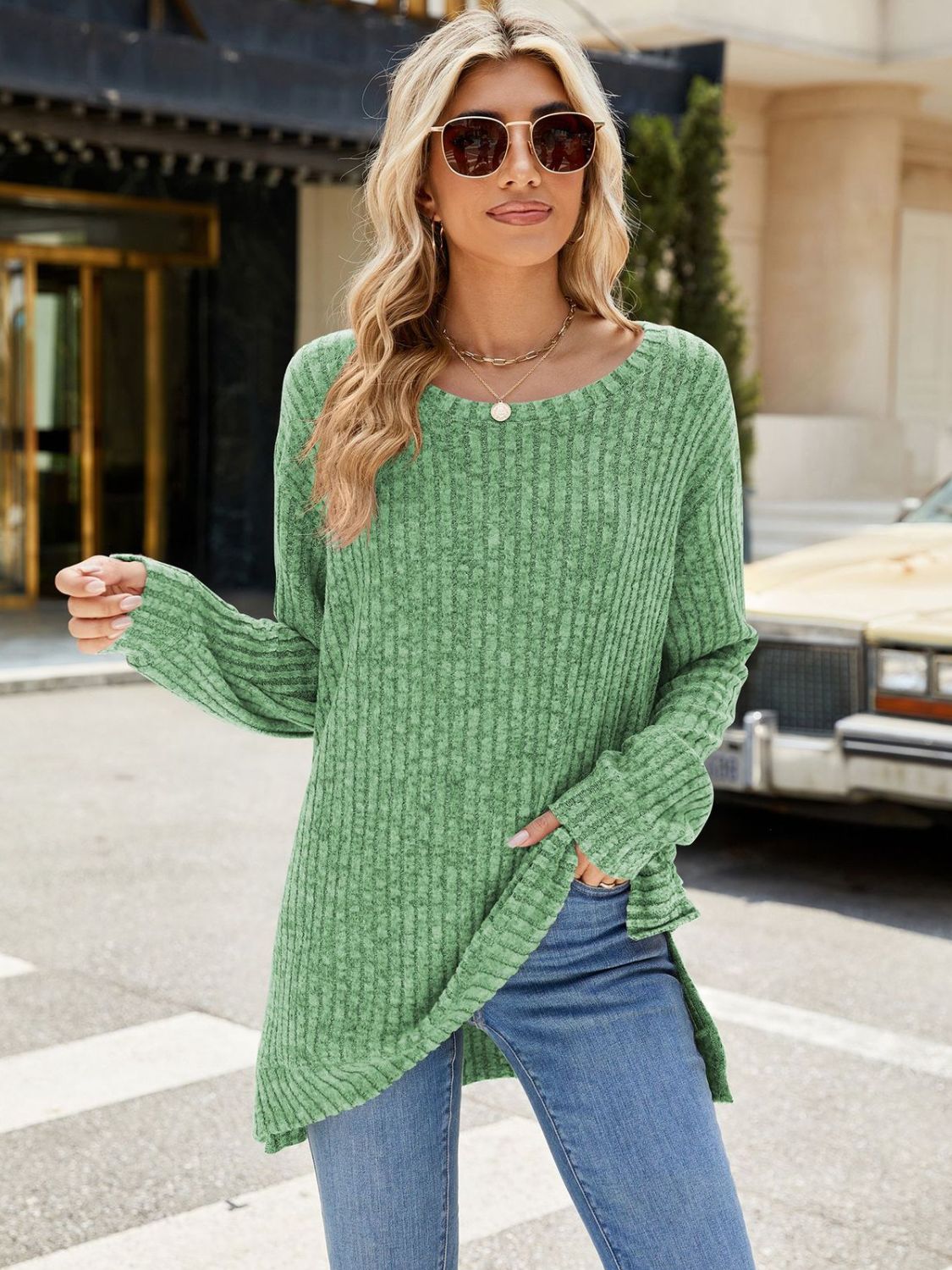 Buy matcha-green Round Neck Long Sleeve T-Shirt