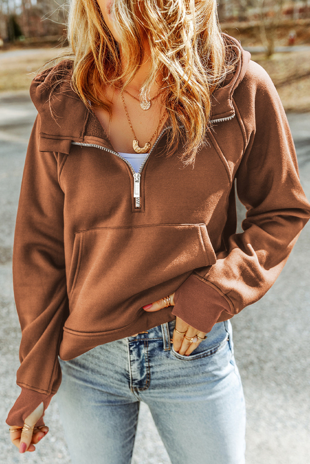 Buy caramel Double Take Half-Zip Thumbhole Sleeve Hoodie